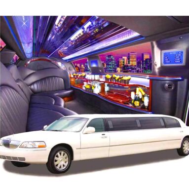 White Lincoln stretch limousine, interior and exterior.