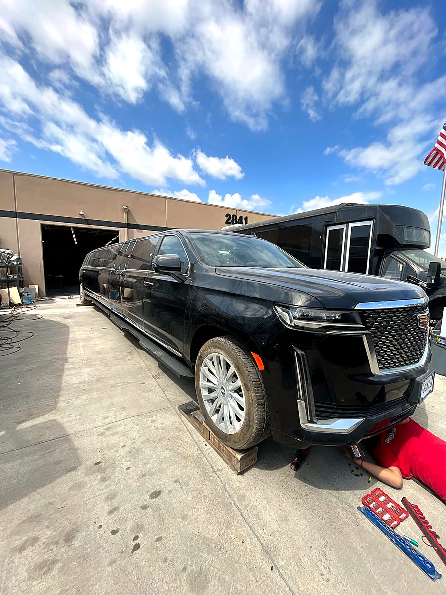 The completed 20-passenger Escalade super-stretch at the coachbuilder