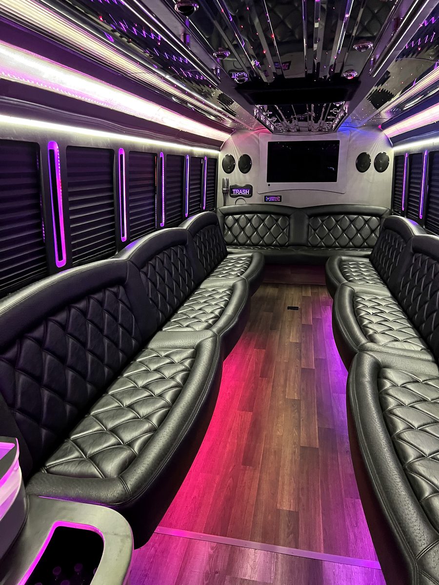 Party bus interior with LED floor lighting