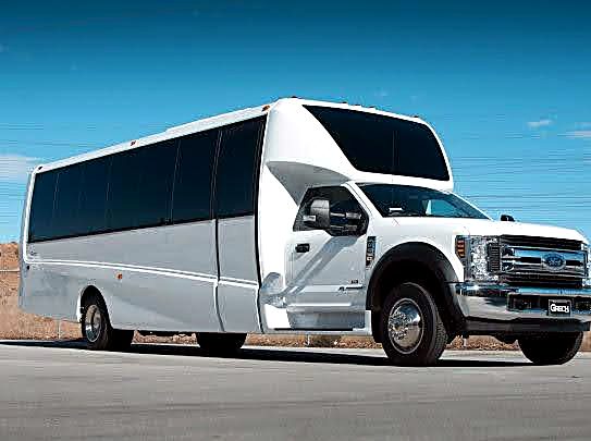 Silver party bus, front view