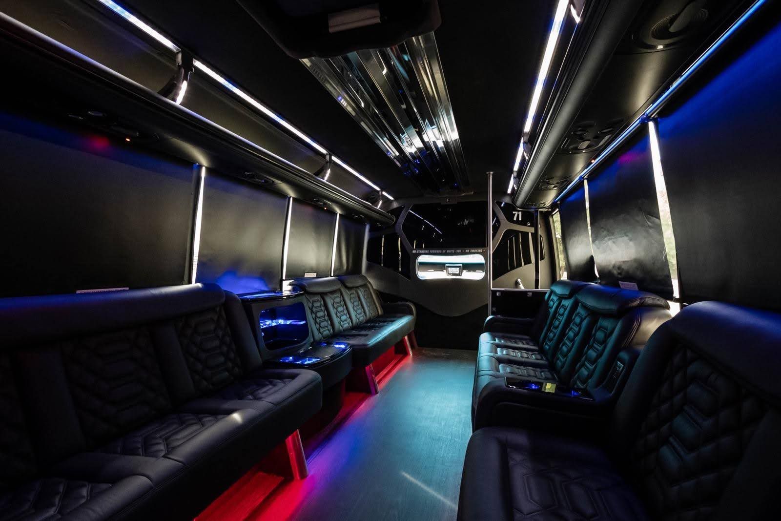 Party bus interior — the tailgate home base for Rose Bowl game days